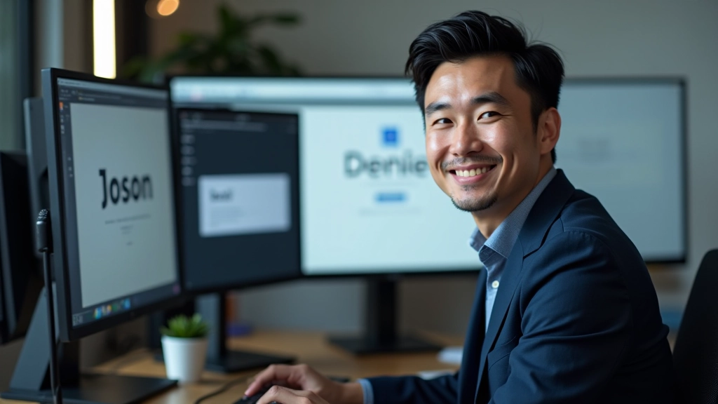 Designer working at computer workstation with typography software open, showing font pairing interface with Latin and Chinese characters displayed