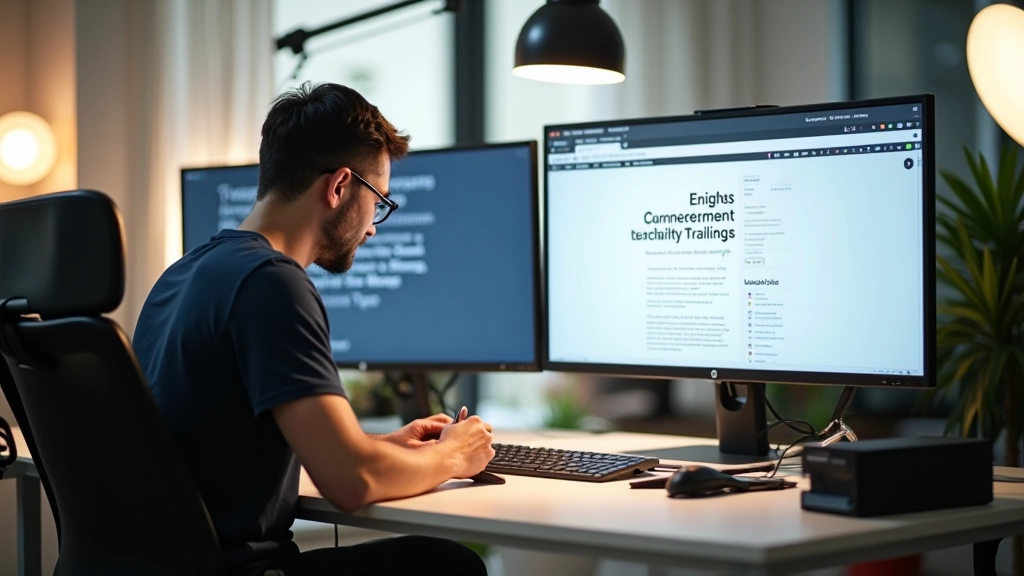Designer working at computer displaying font comparison charts for English and Chinese typography, bright studio workspace