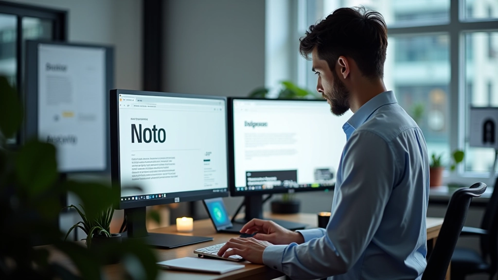 Designer working on bilingual typography project with sketches and font samples displayed on monitor