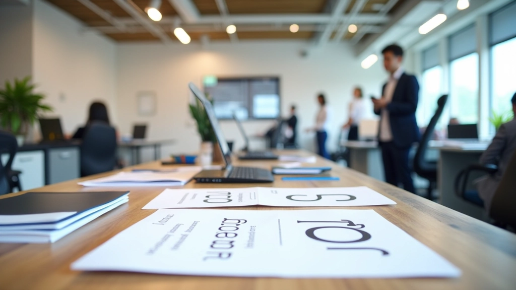 Modern design workspace with typography samples and bilingual text examples displayed on screens